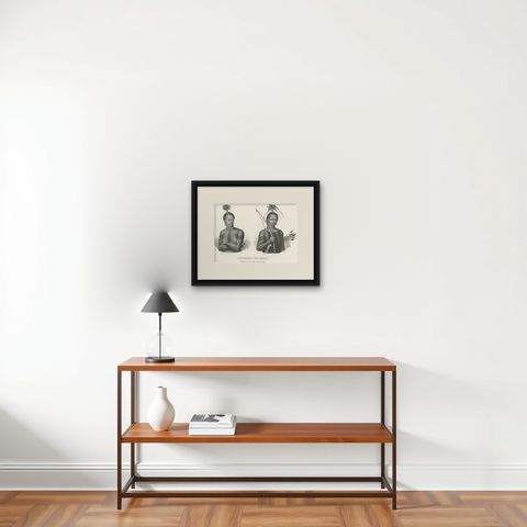 Antique Print of Warriors from Ombai Island, Alor, Archipel, Indonesia, ca.1845, shown framed on a wall, true to size