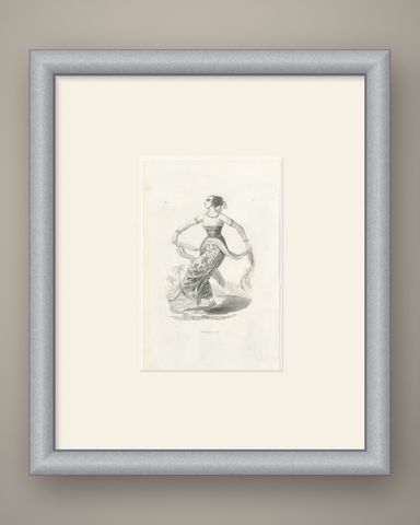 Female Dancer in Java, Antique Wahlen Costume Print, 1843-1844, shown framed