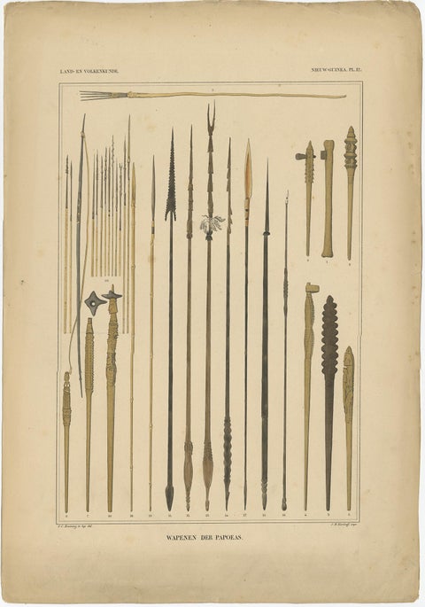 Set of 7 Decorative Antique Prints of Borneo, Timor and Papua Culture, ca. 1840, view 2