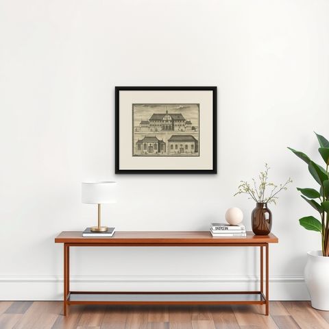 View of the City Hall of Batavia and Portugese Church in Nowadays Jakarta, 1726, shown framed on a wall, true to size
