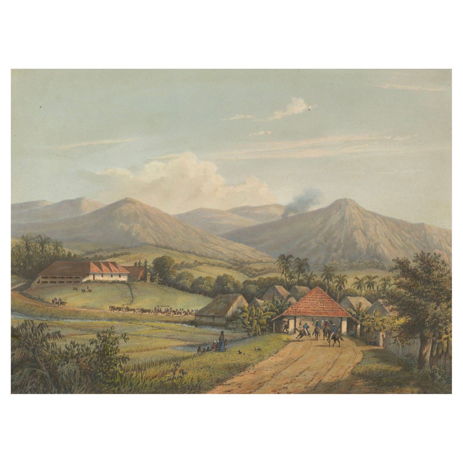Java’s Kawis Mountains and Tobacco Estate near Malang, Antique Lithograph, 1872