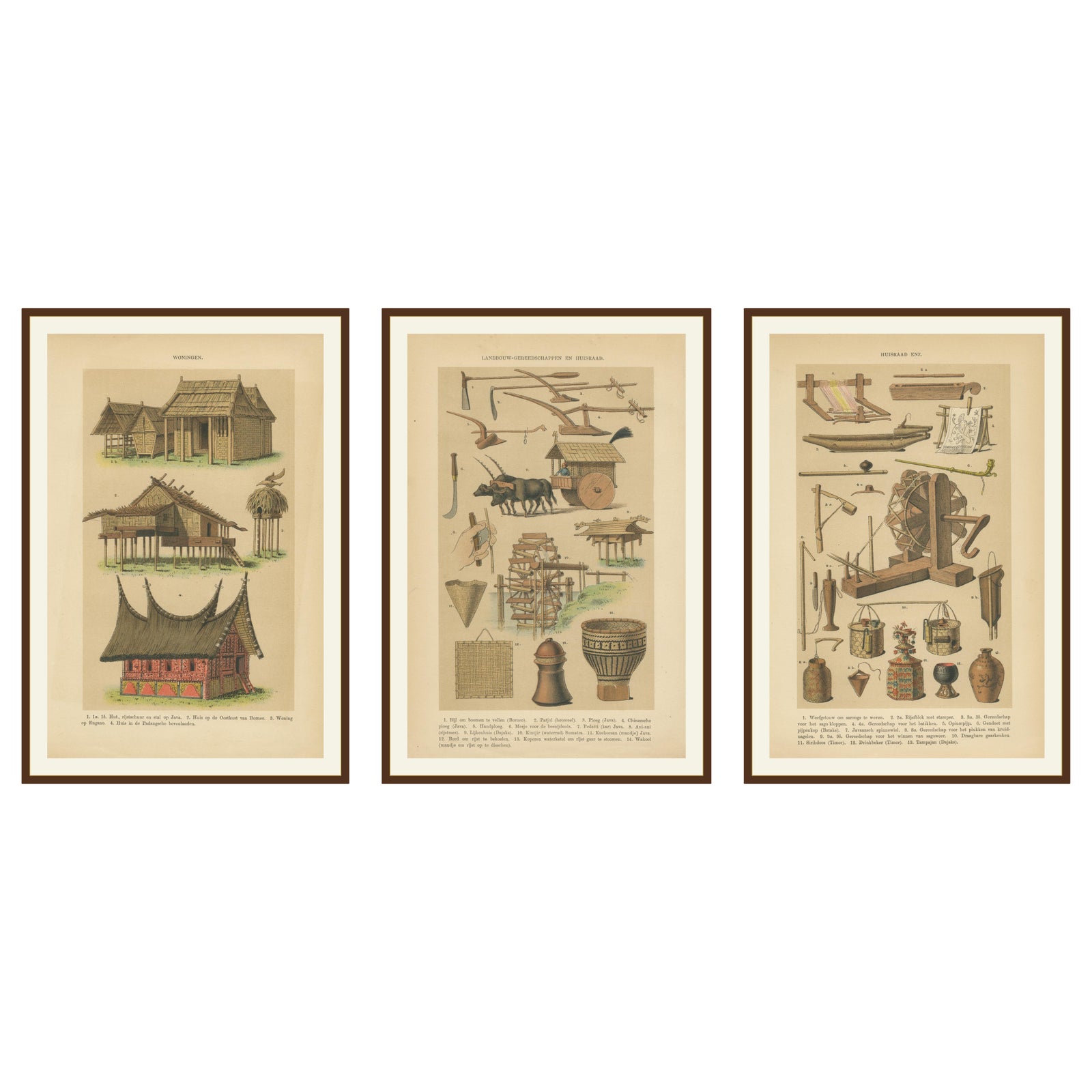 Antique Javanese Prints, Houses, Farming Tools & Household Utensils, c.1860