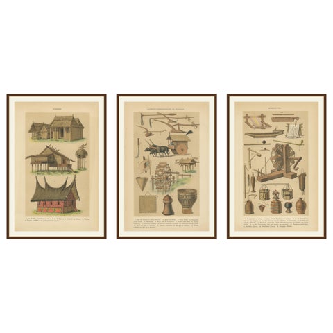 Antique Javanese Prints, Houses, Farming Tools & Household Utensils, c.1860