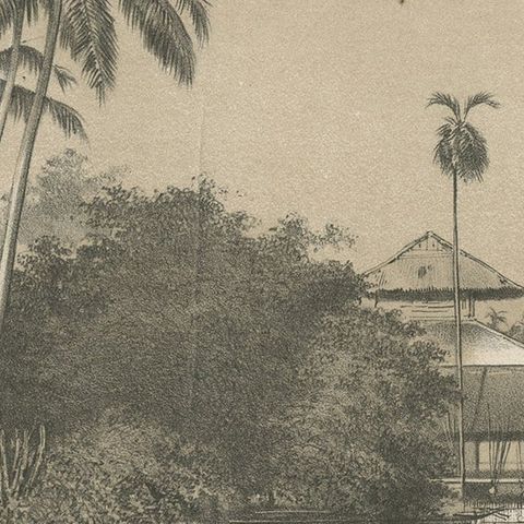 Old Print of a Mosque in a Kampung Java or Village of Javanese, Indonesia, 1874, close-up 2