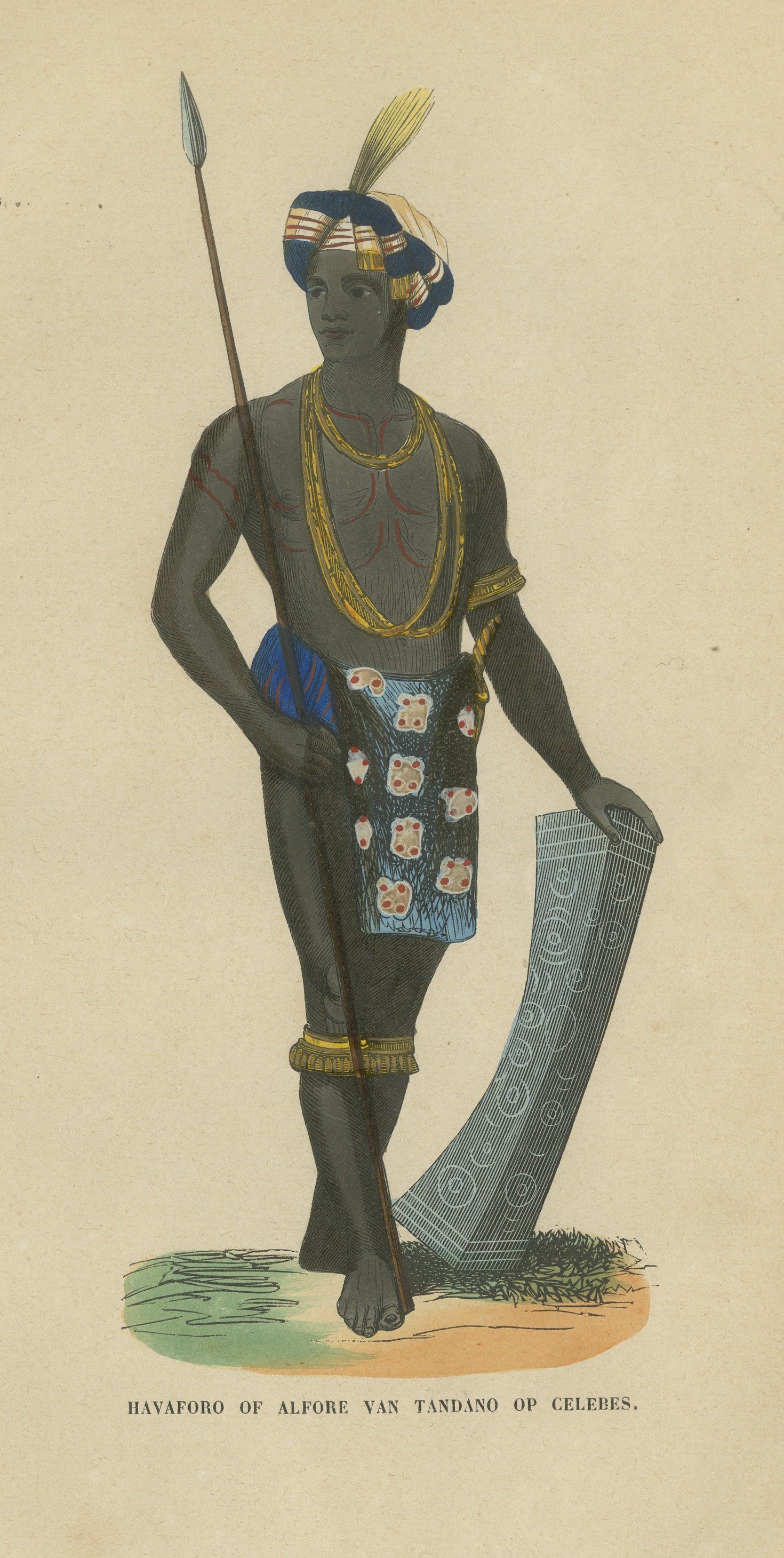 Alfur Man of Tondano, Celebes, Antique Hand-Colored Ethnographic Print, 1854