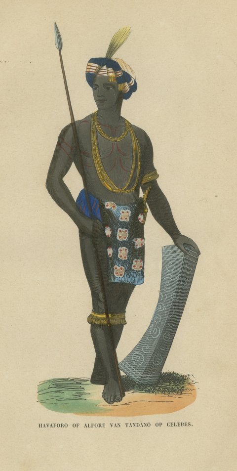 Alfur Man of Tondano, Celebes, Antique Hand-Colored Ethnographic Print, 1854