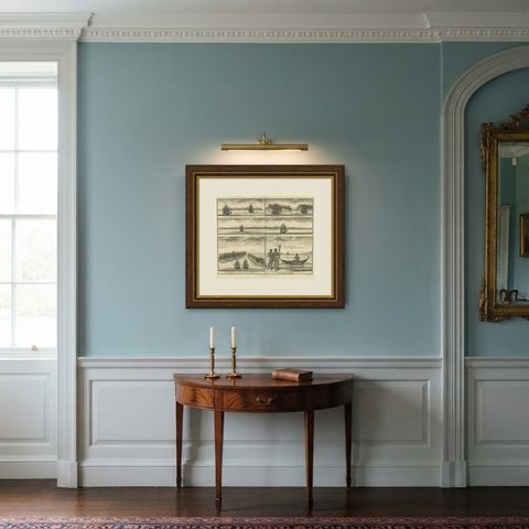 VOC Ships, Native People & Coastal Views of Islands near Papua New Guinea, 1726, shown framed in a room, true to size