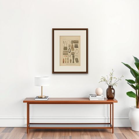 Print with Items of Papua 'New Guinea, Indonesia' by Temminck, circa 1840, shown framed on a wall, true to size