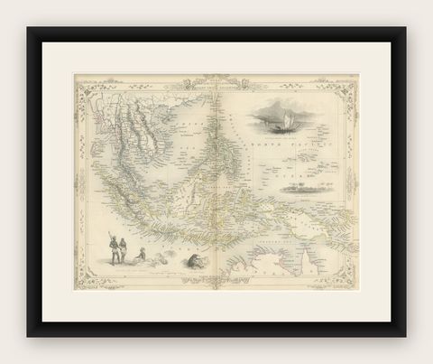 Antique Map of the Malay Archipelago with Images of Indigenous People, 1851, shown framed