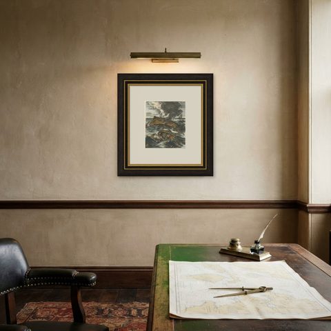 Capsizing Warships, Hand-Colored Etching of Schouten’s East Indian Voyage, 1676, shown framed on a wall, true to size
