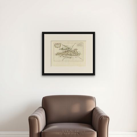 Antique Map of Sumatra by Bellin, 1764, shown framed on a wall, true to size