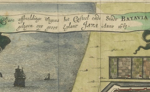 Rare 17th Century Map of Batavia and Castle on Java by Isaac de l'Obel, close-up 6