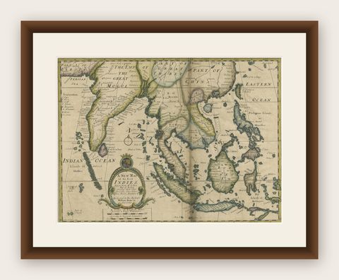 Antique Map of Southeast Asia from Persia to the Timor Island, 1712, shown framed