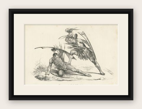 Antique Print of Two Warriors of Ombai Island, shown framed