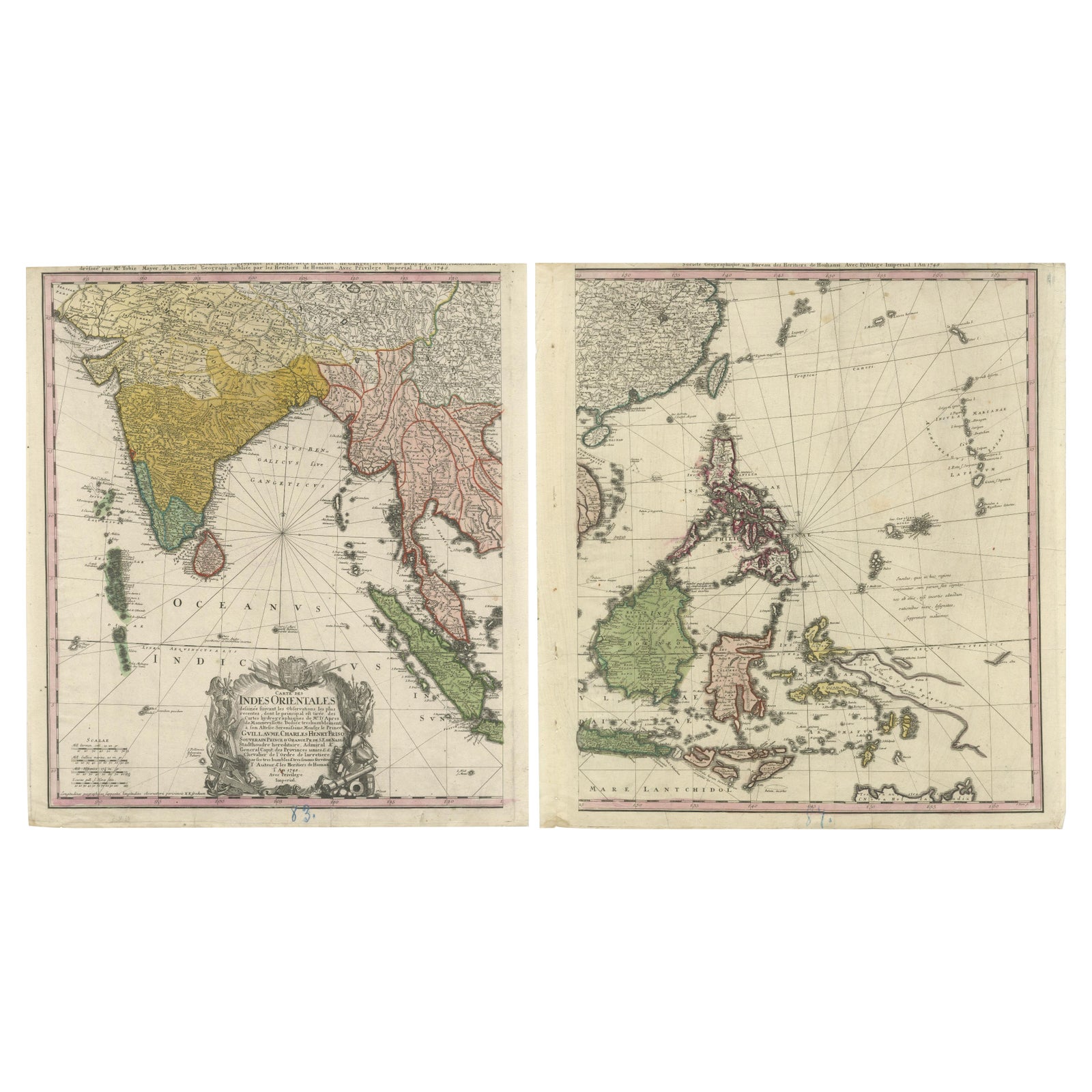 1748 Homann Heirs Double Map of the East Indies and Southeast Asia