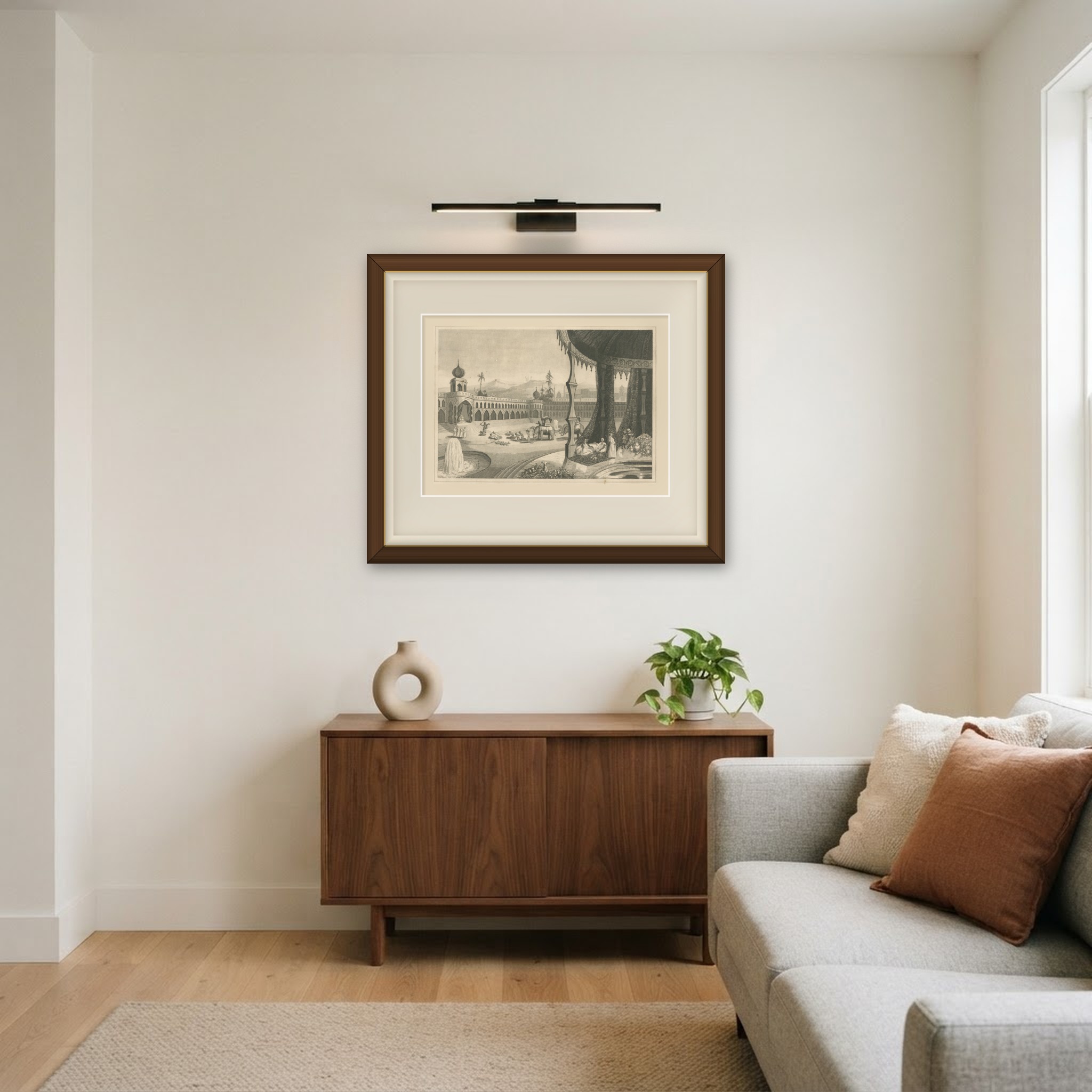 Scene in the East Indies, Offerings to the Great Brahma, Engraving, circa 1820, shown framed in a room, true to size