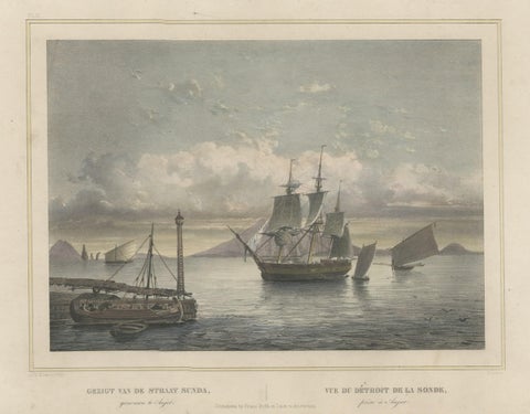 Old Print of Ships near Anyer & Krakatoa in the Sunda Straits, Indonesia, 1844, close-up 1