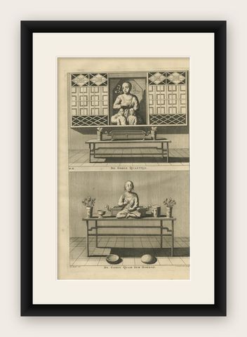 Antique Print of Female Deities of Chinese Buddhism by Valentijn, 1726, shown framed