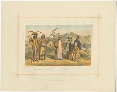 Antique Chromolithograph Depicting Native Malays, Incl Dayaks of Borneo, 1882, view 2