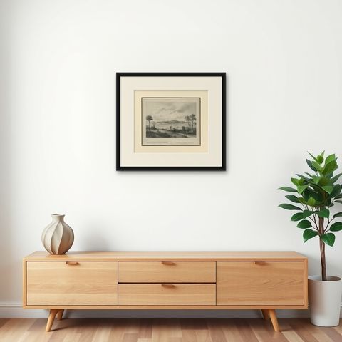 Antique Print of the Roadstead of Riau 'Indonesia' by C.W.M. van de Velde, 1844, shown framed on a wall, true to size