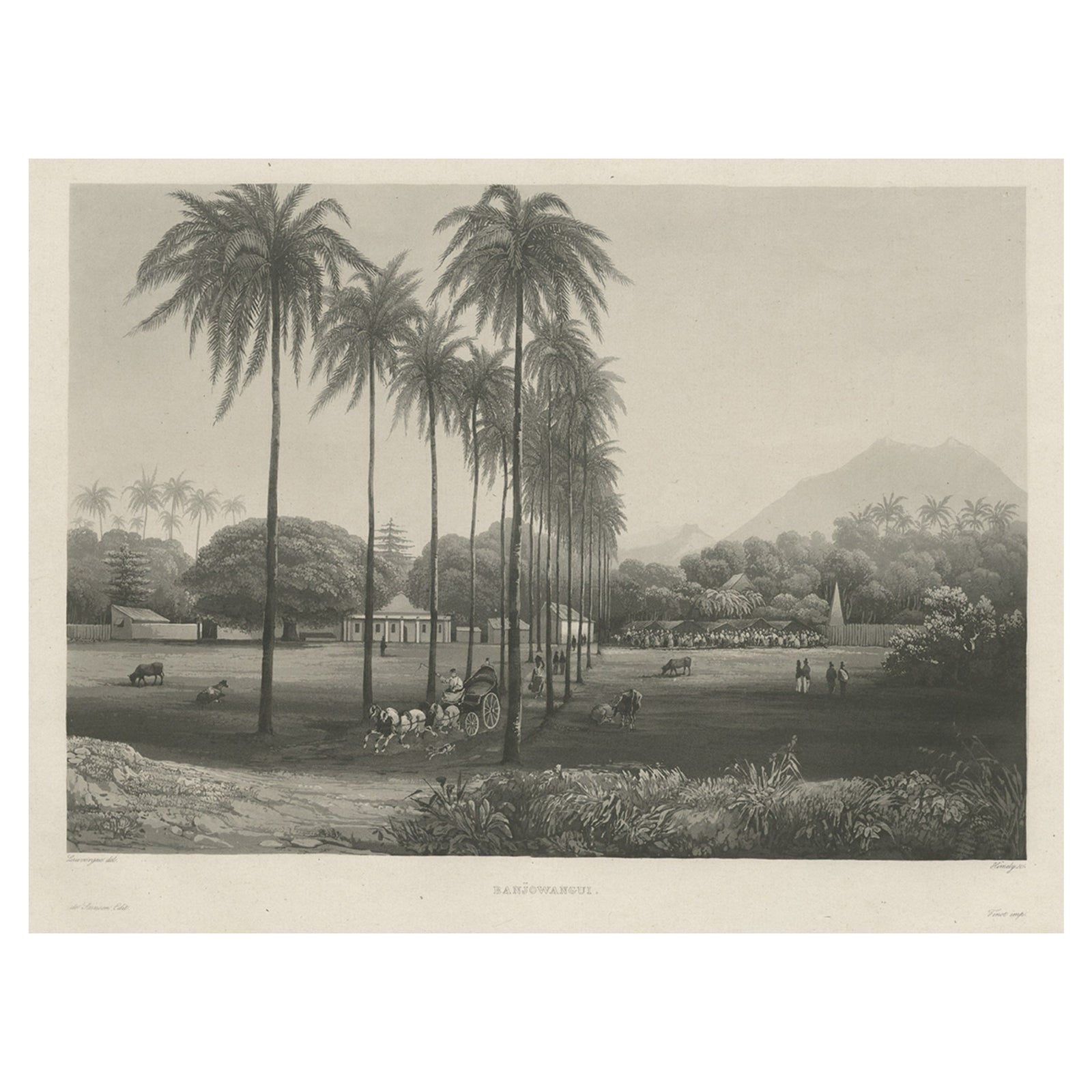 Rare Chine-collé Aquatint of Banyuwangi, East Java, Indonesia, 1835