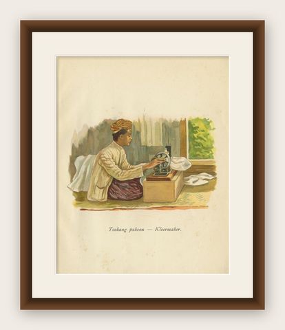 Antique Print of an Indonesian Tailor, 1909, shown framed