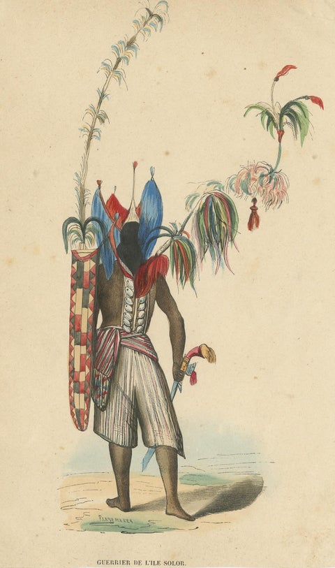 Antique Costume Print of a Warrior of Solor Island by Wahlen, '1843', view 3