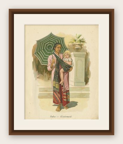 Antique Print of Indonesian Nanny with Child in a Sarong, 1909, shown framed