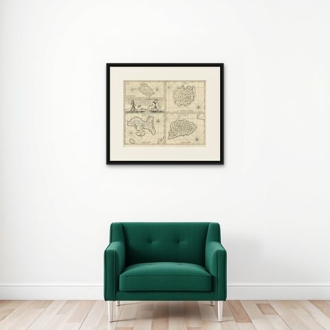 Antique Map of Manipa and Other Maluku Islands, Indonesia, 1726, shown framed on a wall, true to size