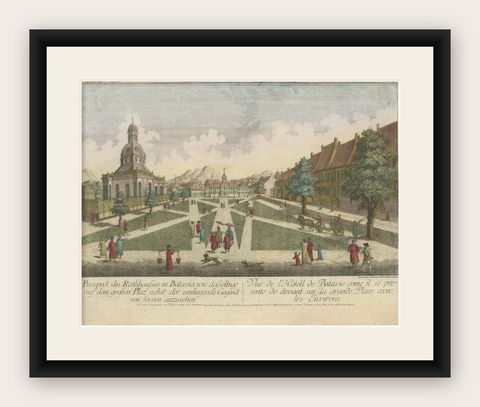 Antique Print of the Town Hall of Batavia or Jakarta in Todays Indonesia, 1770, shown framed