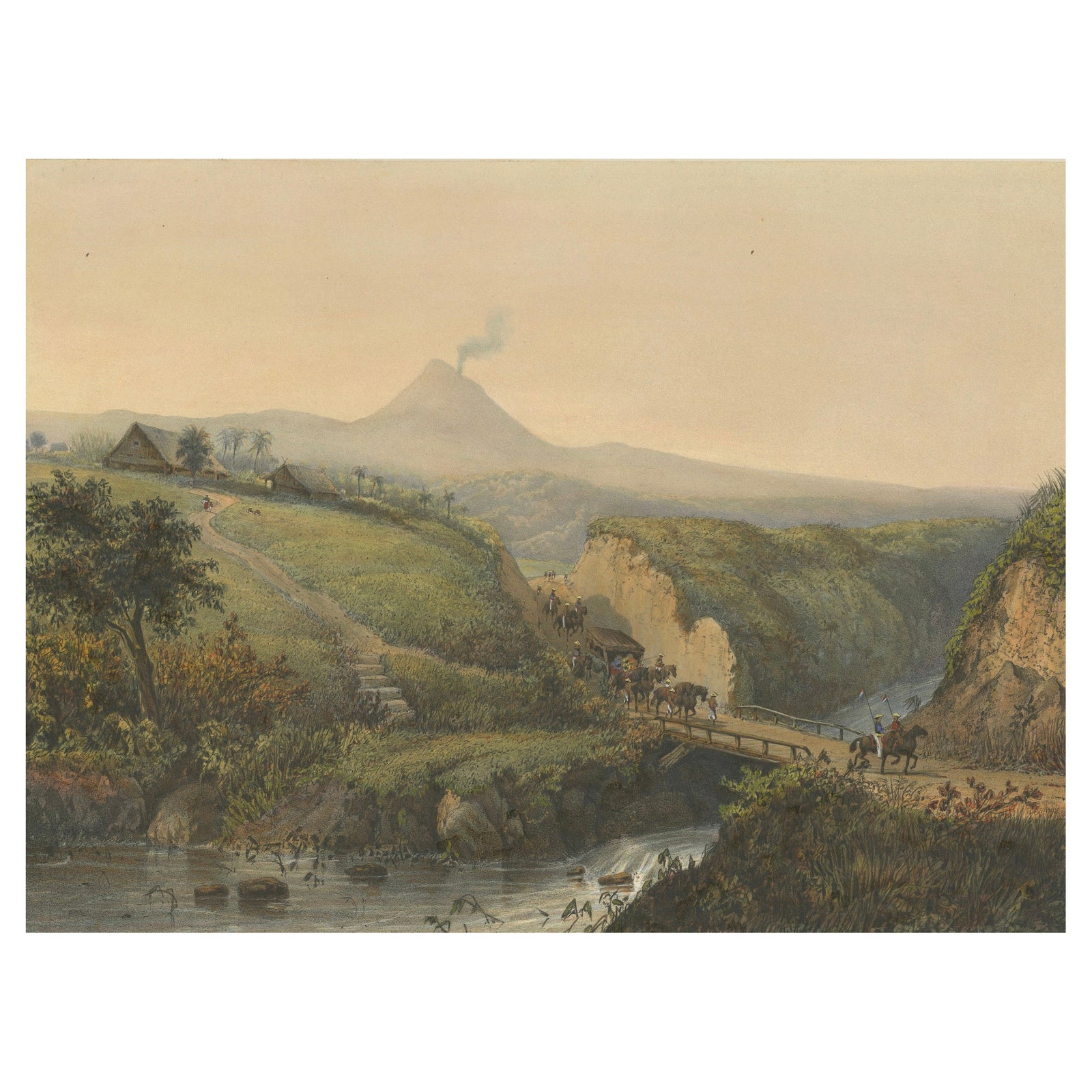 Landscape near Probolinggo with Smoking Volcano, Java Lithograph, c.1872