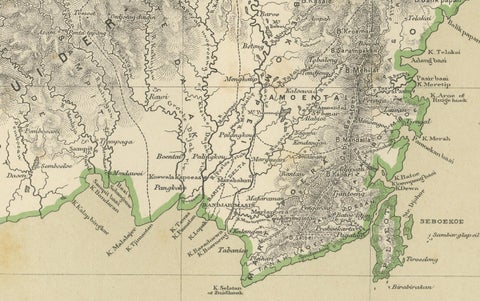 Rare Antique Map of Borneo (Kalimantan), Dutch East Indies Colonial Era, 1884, close-up 3