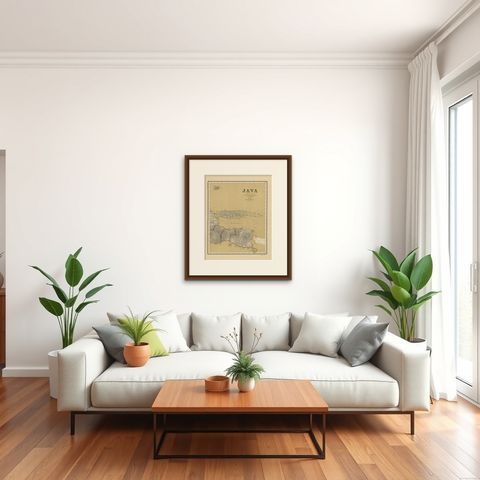 Antique Map of Java in 4 sheets by Dornseiffen, 1884, shown framed in a room, true to size