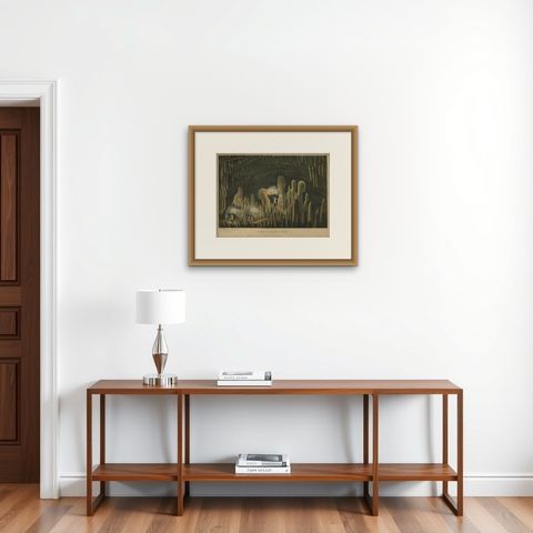 Antique Print with a view of Amboina 'Indonesia' by C.G.C. Reinwardt, shown framed on a wall, true to size