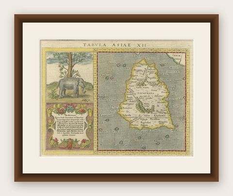 1621 Ptolemy & Magini Map of Taprobana (Sumatra) with Elephant Inset, shown framed