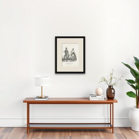 Antique Print of Inhabitants of Tondano 'Indonesia' by Honegger '1845', shown framed on a wall, true to size