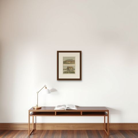 Antique Print of a Malayan Houses in Sumatra, Indonesia, 1881, shown framed on a wall, true to size