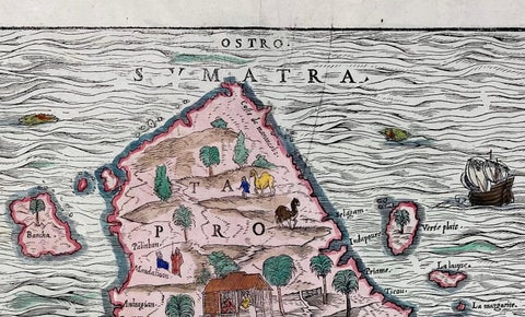 1606 Hand-Colored Woodcut Map of Sumatra from Ramusio’s Delle Navigationi, close-up 3
