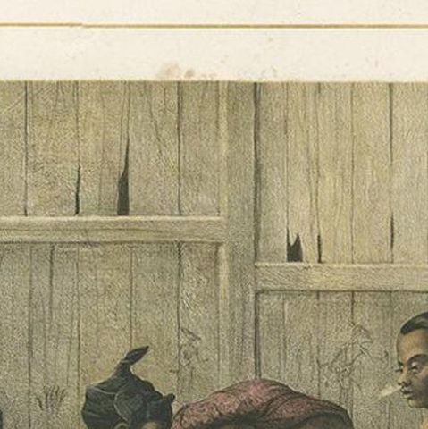 Antique Print of Javanese Locals Smoking Opium by Van Pers, circa 1850, close-up 1