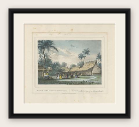 Antique Print of Dancers in Tjibinoeängan in Indonesia, circa 1845, shown framed