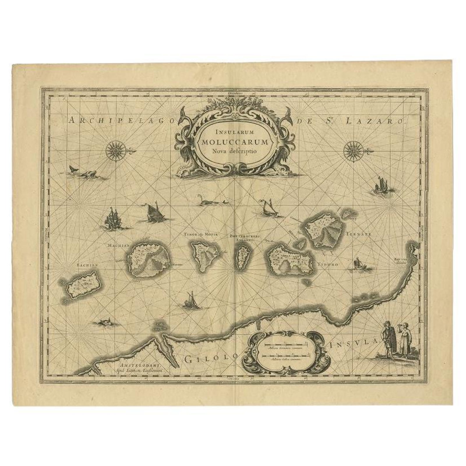 Antique Map of the Moluccas in Indonesia by Janssonius, C.1650
