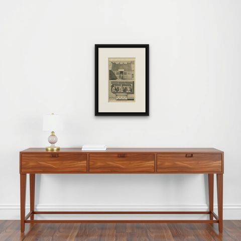 Antique Print of a Chinese Temple and Chinese deity Calamija by Valentijn, 1726, shown framed on a wall, true to size