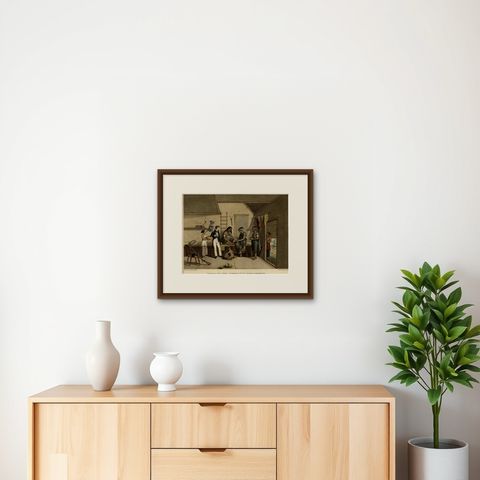 Interior with Native Timorese and an European in Kupang, Indonesia, 1825, shown framed on a wall, true to size