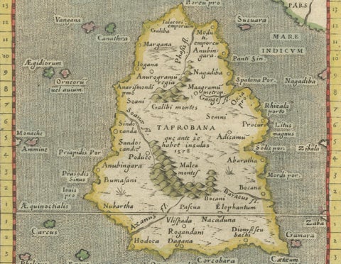1621 Ptolemy & Magini Map of Taprobana (Sumatra) with Elephant Inset, close-up 1