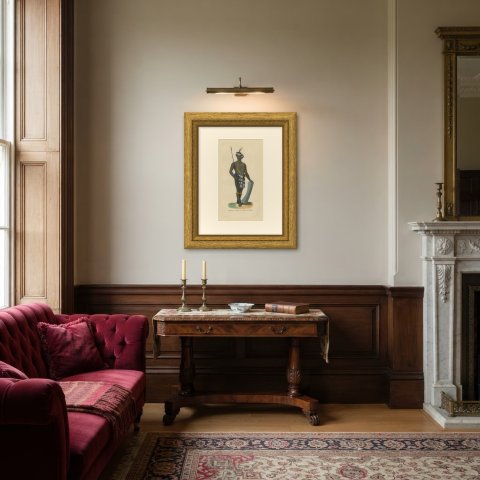 Alfur Man of Tondano, Celebes, Antique Hand-Colored Ethnographic Print, 1854, shown framed in a room, true to size