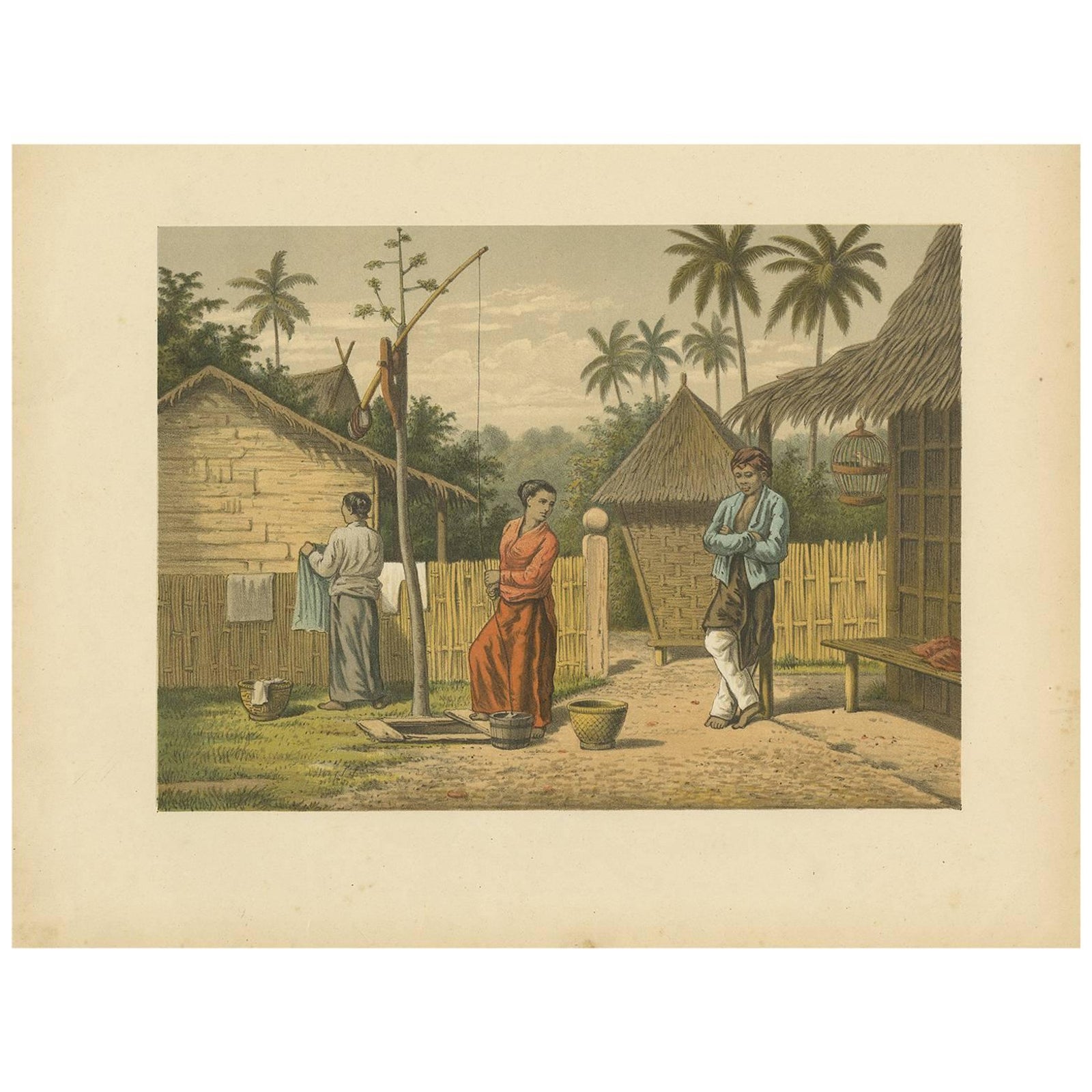 Antique Print of a Domestic Scene on Java by M.T.H. Perelaer, 1888