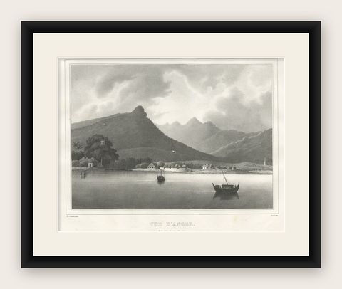 Old Print of the City of Anyer, West-Java Near Krakatau Volcano, Indonesia, 1833, shown framed