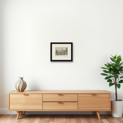Old Print of Surulangun Village in North Musi Rawas, South Sumatra, Indonesia, shown framed on a wall, true to size