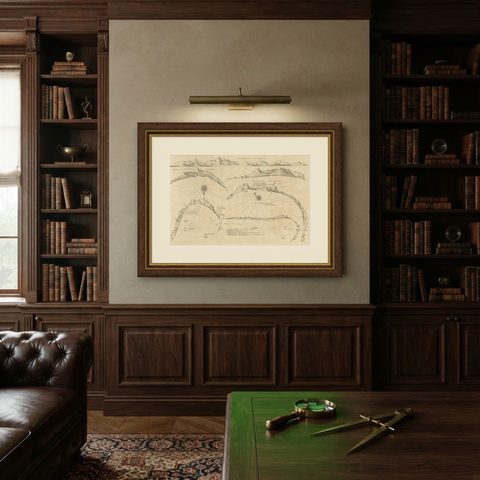 Rare Map of Six Coast Views and Anchorages of Sierra Leone and Indonesia, 1660, shown framed on a wall, true to size