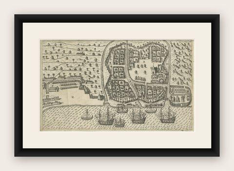 Antique Print of Bantam, Java, Indonesia by De Bry, c.1610, shown framed